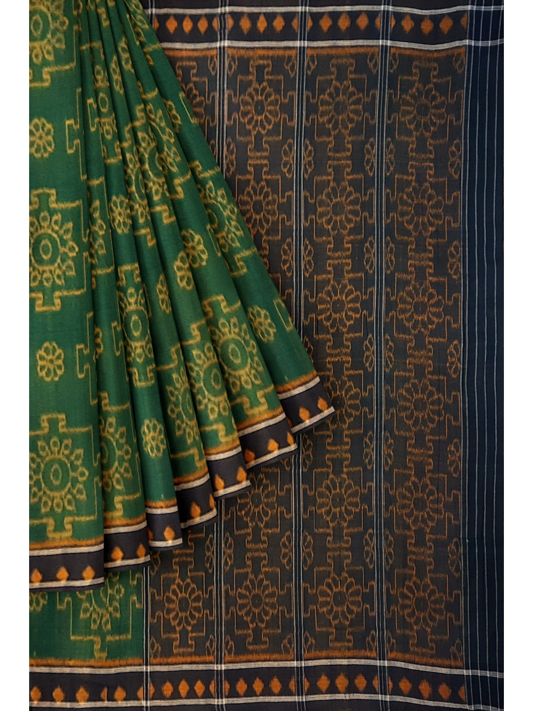 Green with yellow colour Odisha Ikat saree  with cotton ikat blouse piece