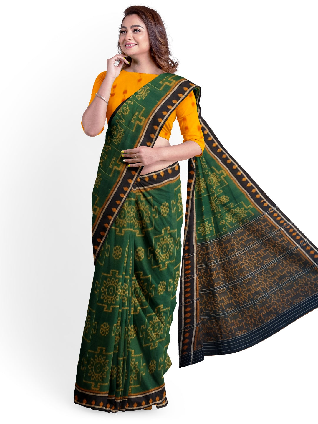 Green with yellow colour Odisha Ikat saree  with cotton ikat blouse piece