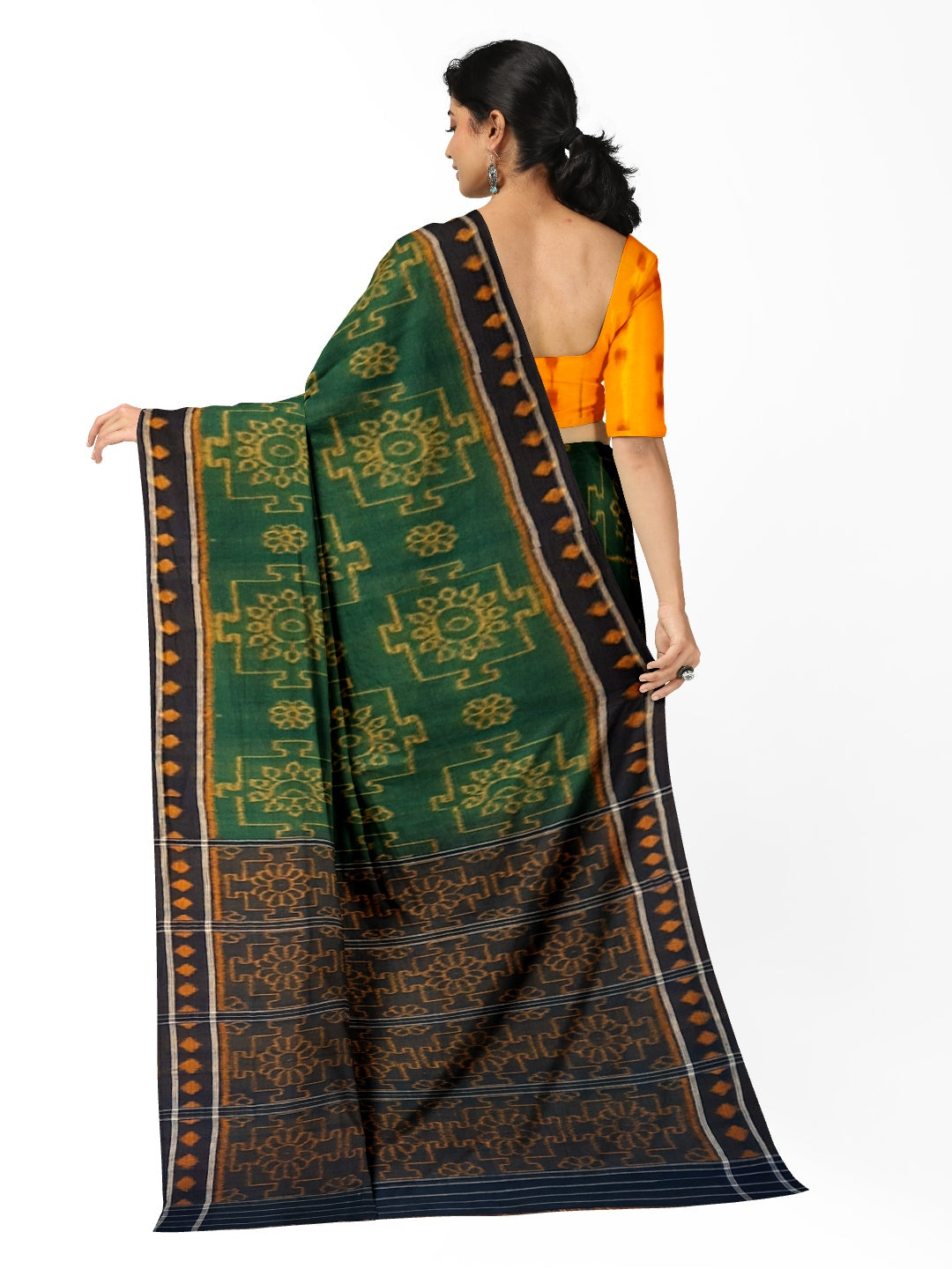 Green with yellow colour Odisha Ikat saree  with cotton ikat blouse piece