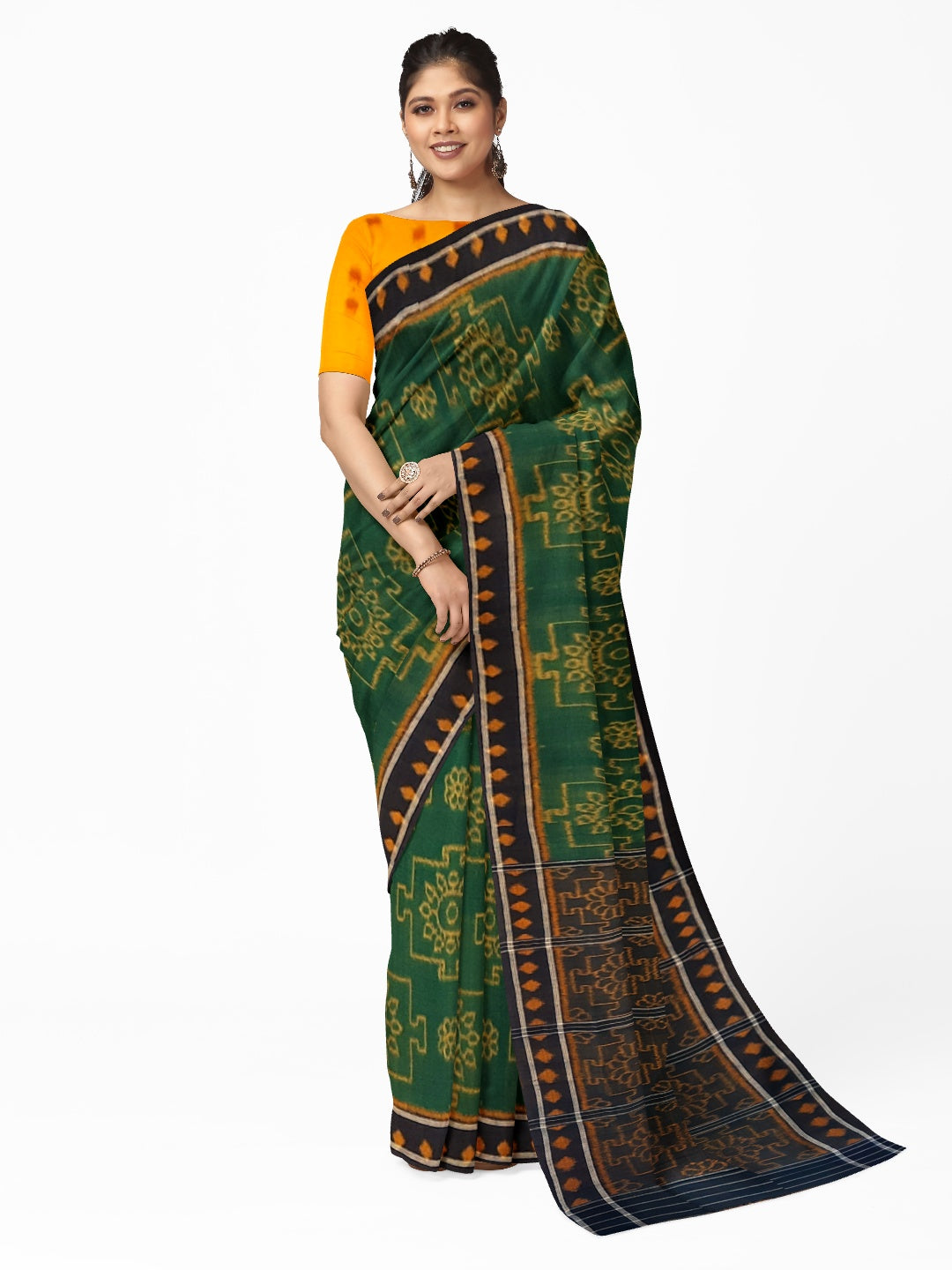 Green with yellow colour Odisha Ikat saree  with cotton ikat blouse piece