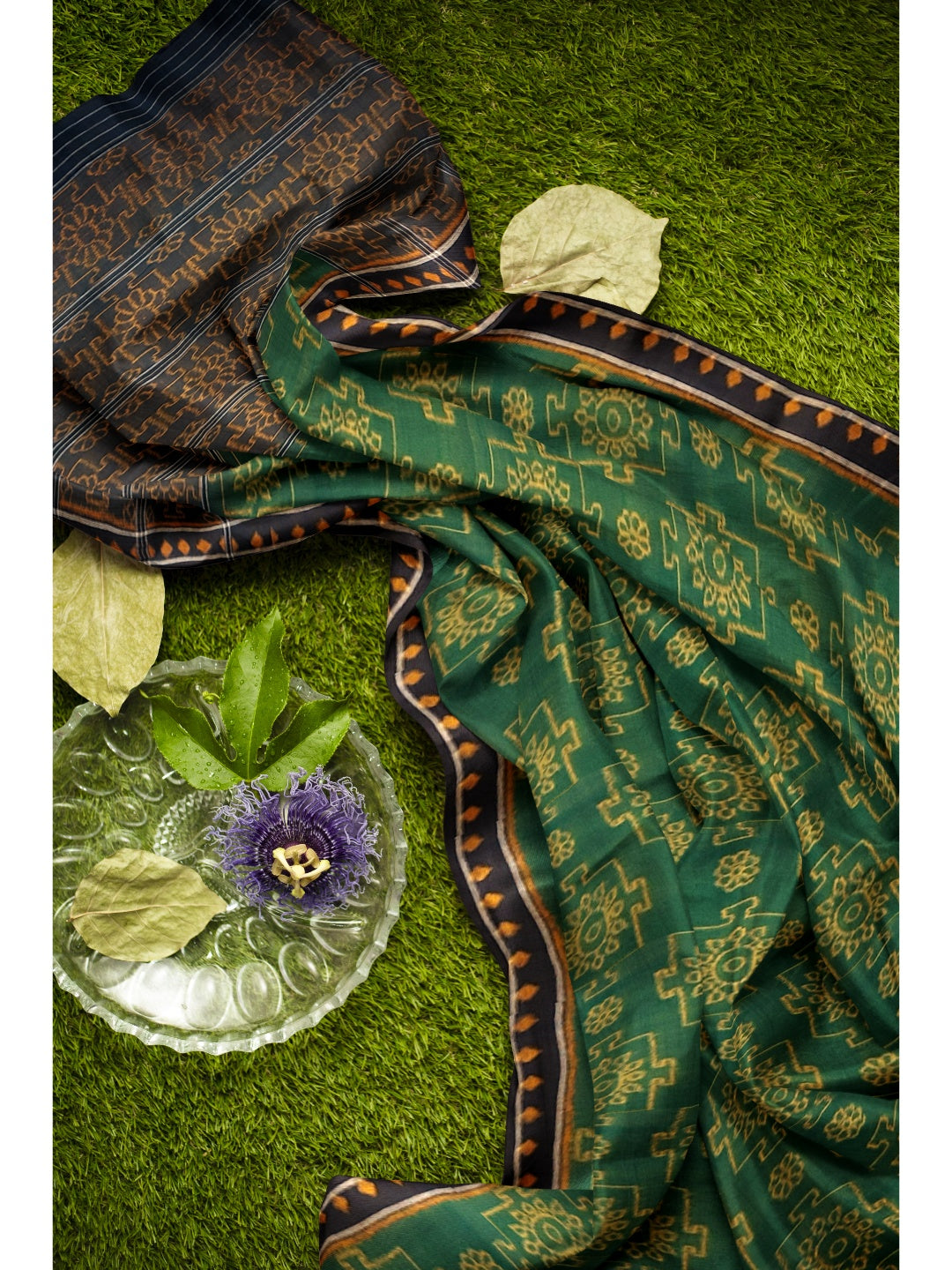 Green with yellow colour Odisha Ikat saree  with cotton ikat blouse piece