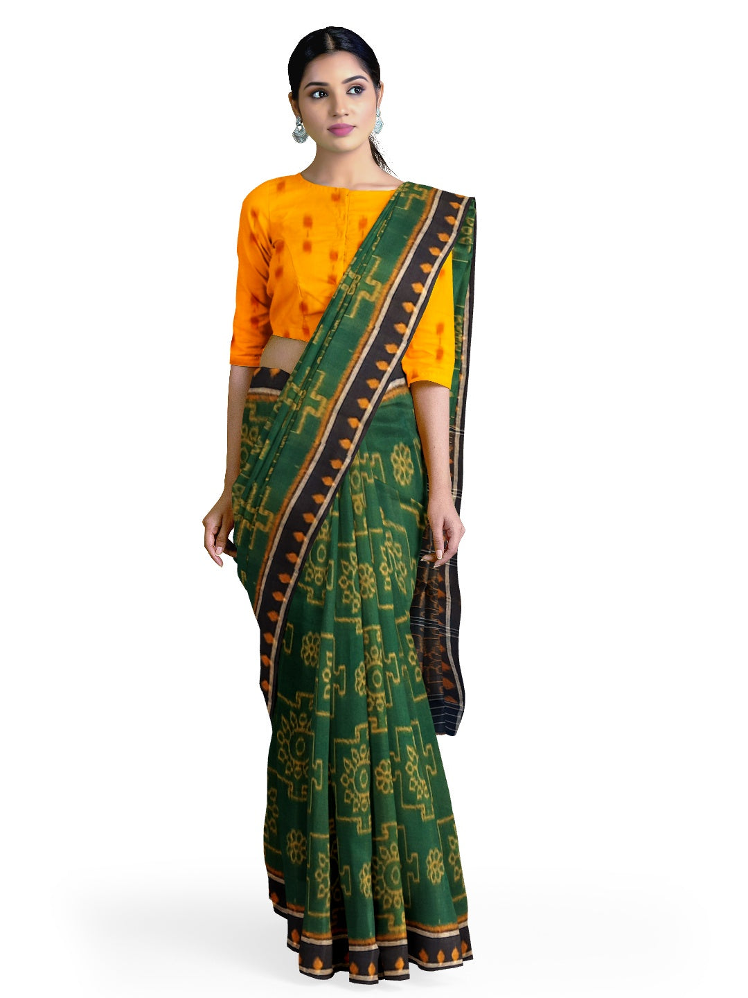 Green with yellow colour Odisha Ikat saree  with cotton ikat blouse piece