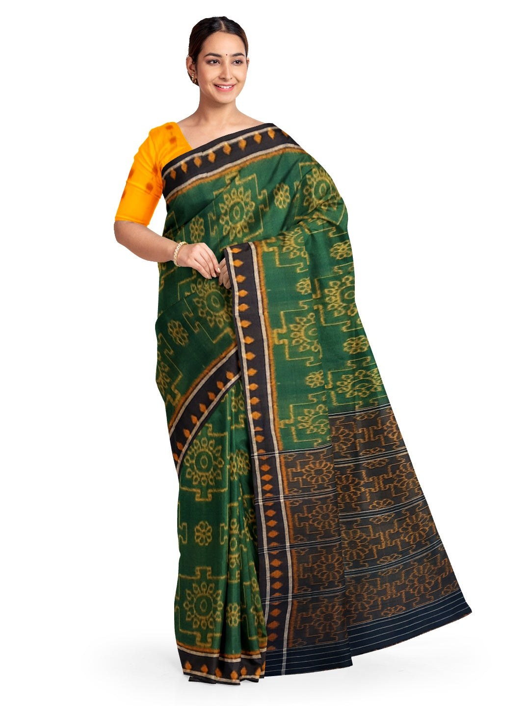 Green with yellow colour Odisha Ikat saree  with cotton ikat blouse piece
