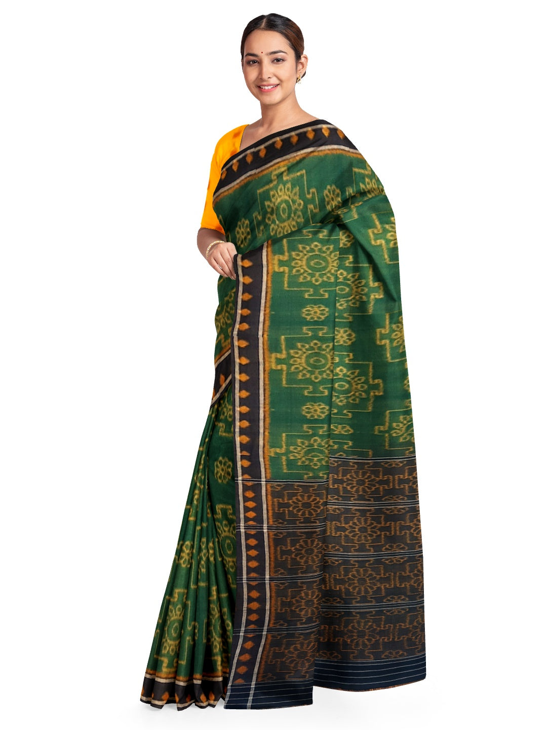 Green with yellow colour Odisha Ikat saree  with cotton ikat blouse piece