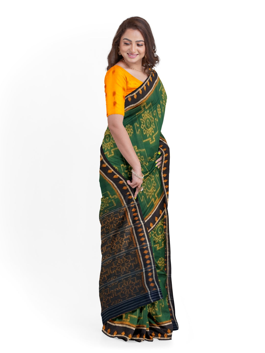 Green with yellow colour Odisha Ikat saree  with cotton ikat blouse piece