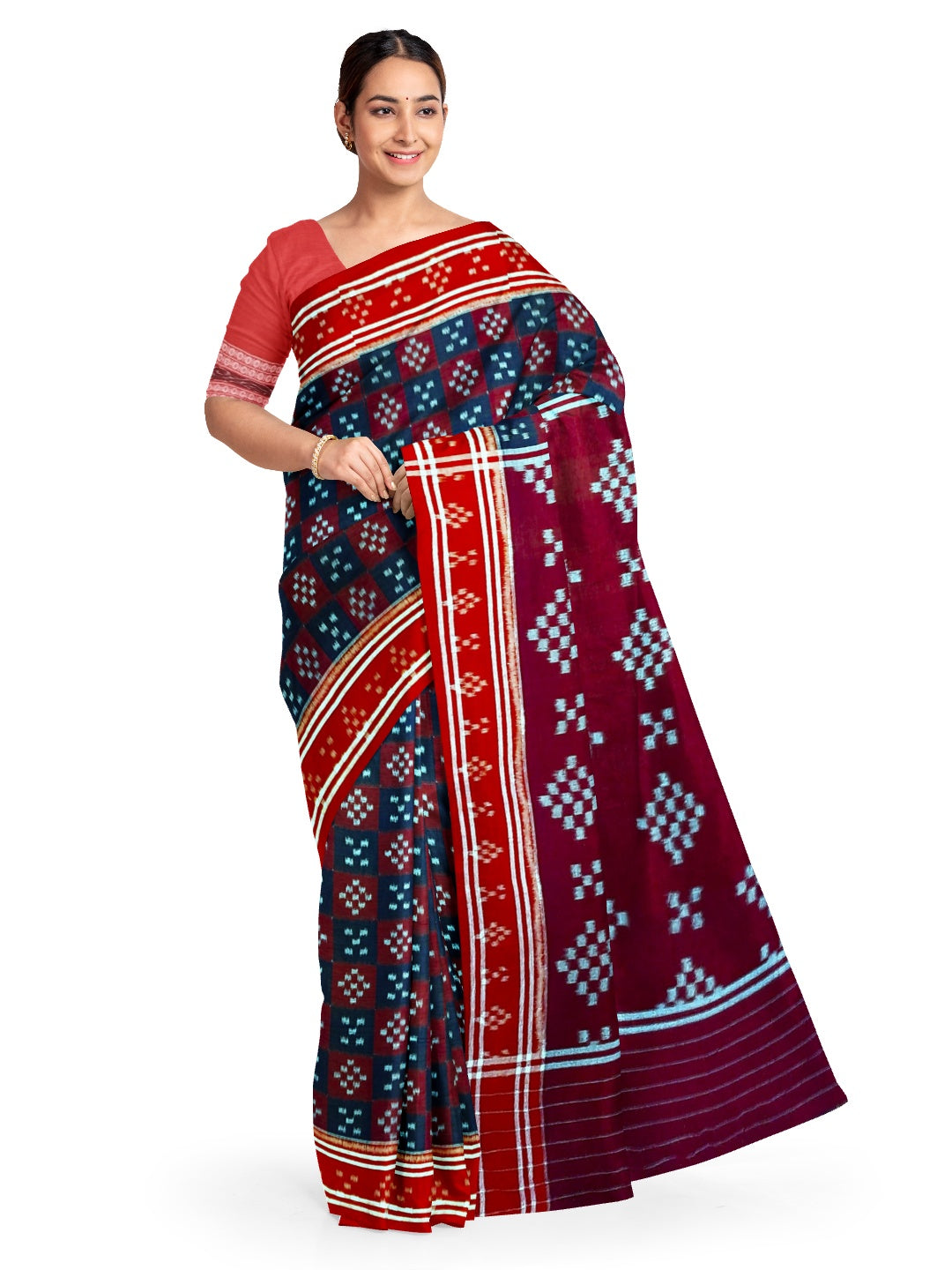Pasapalli pattern Odisha Ikat saree with cotton ikat blouse piece