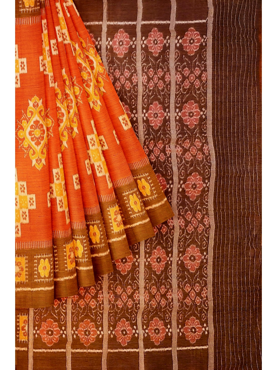 Rust with Brown colour Odisha Ikat saree  with cotton ikat blouse piece