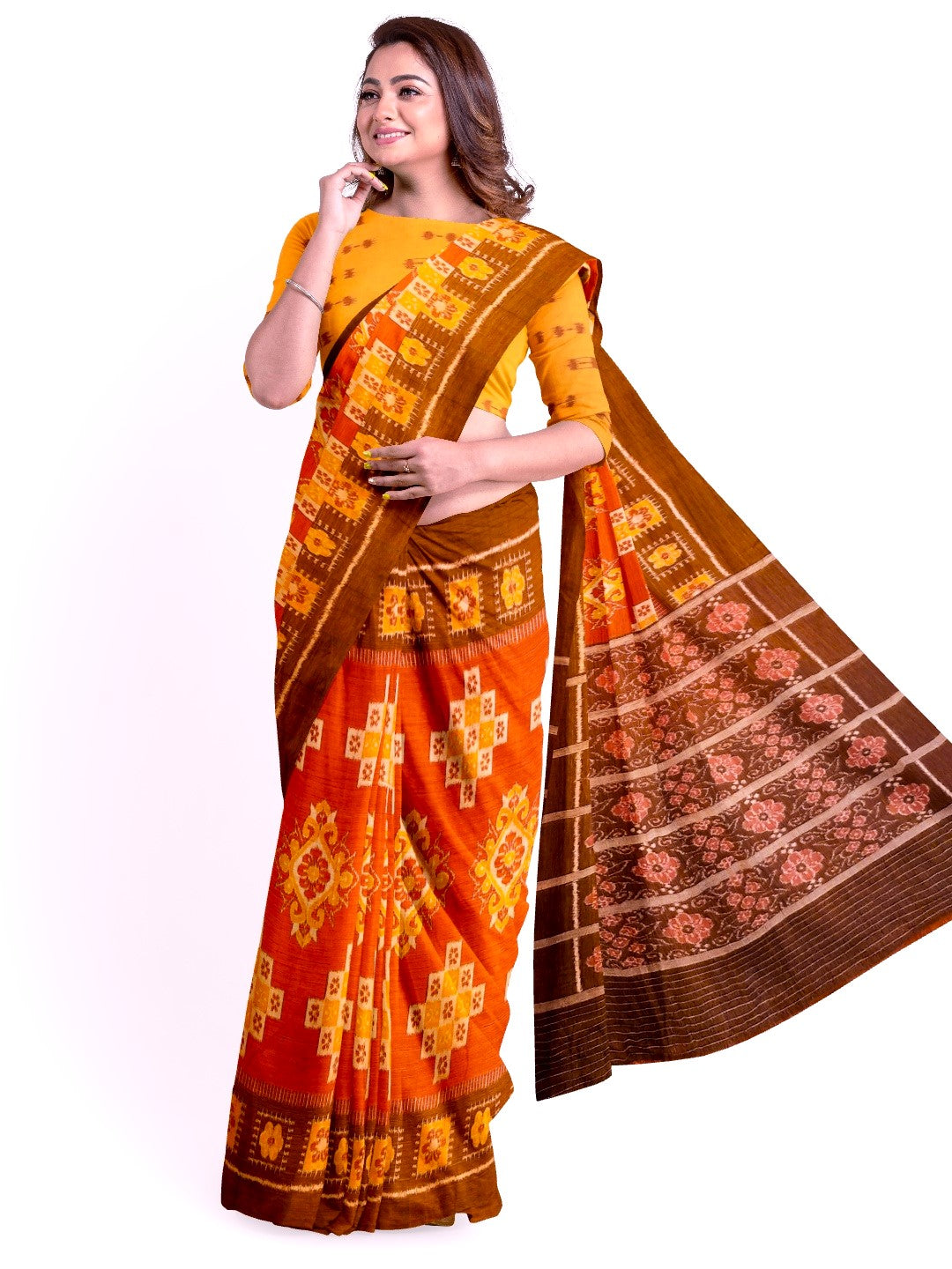 Rust with Brown colour Odisha Ikat saree  with cotton ikat blouse piece