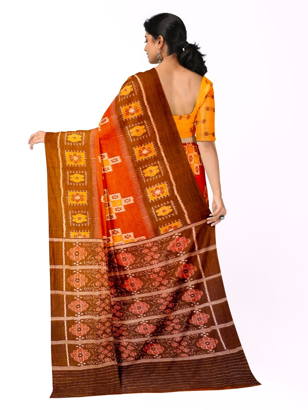 Rust with Brown colour Odisha Ikat saree  with cotton ikat blouse piece