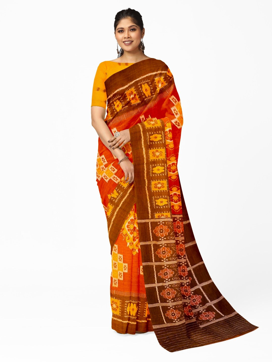 Rust with Brown colour Odisha Ikat saree  with cotton ikat blouse piece