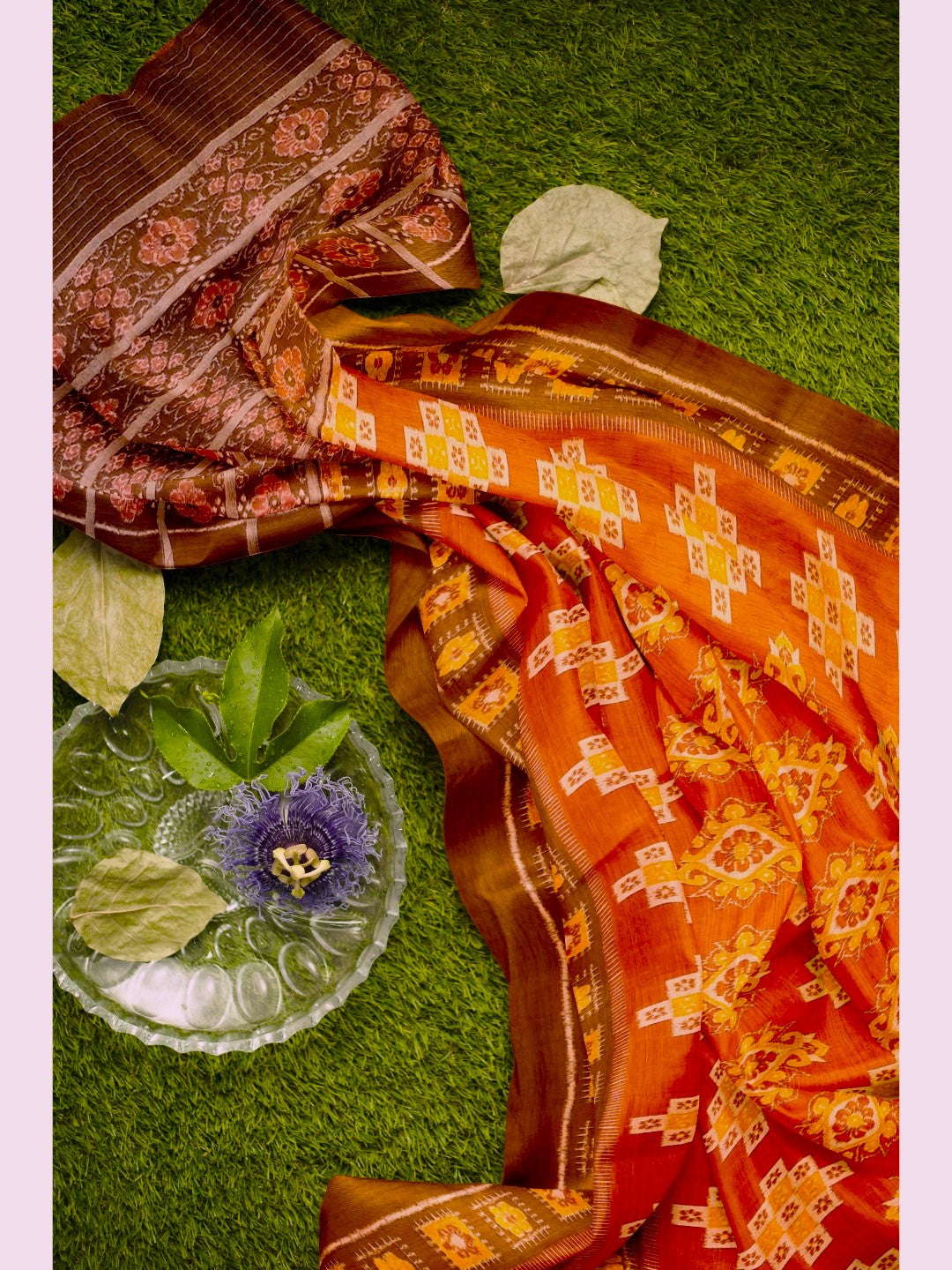 Rust with Brown colour Odisha Ikat saree  with cotton ikat blouse piece