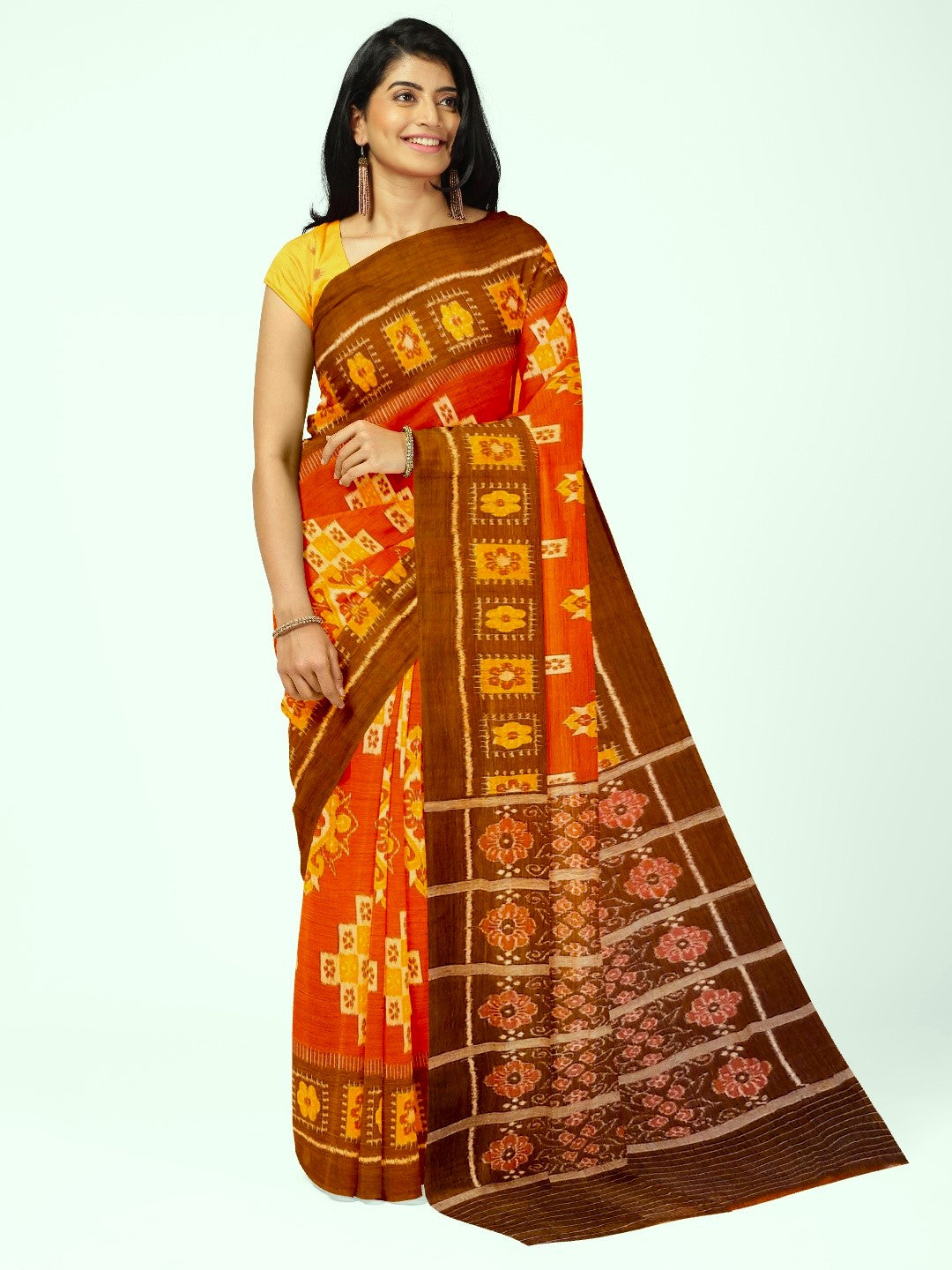 Rust with Brown colour Odisha Ikat saree  with cotton ikat blouse piece