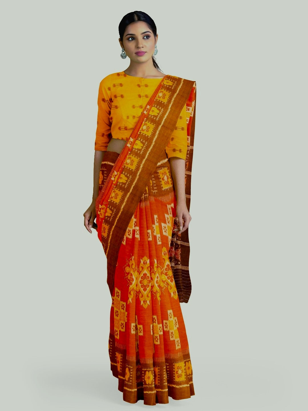 Rust with Brown colour Odisha Ikat saree  with cotton ikat blouse piece