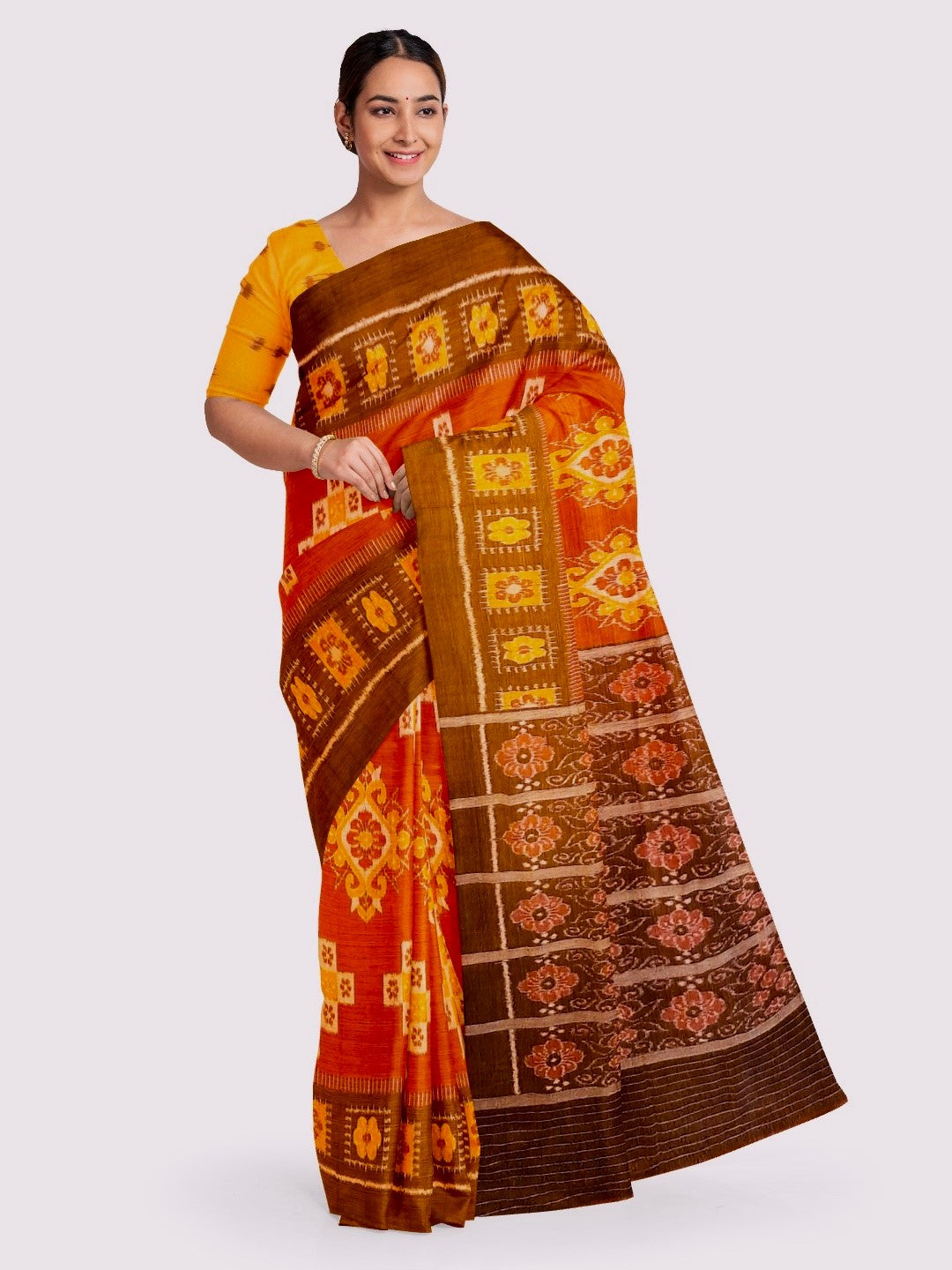 Rust with Brown colour Odisha Ikat saree  with cotton ikat blouse piece