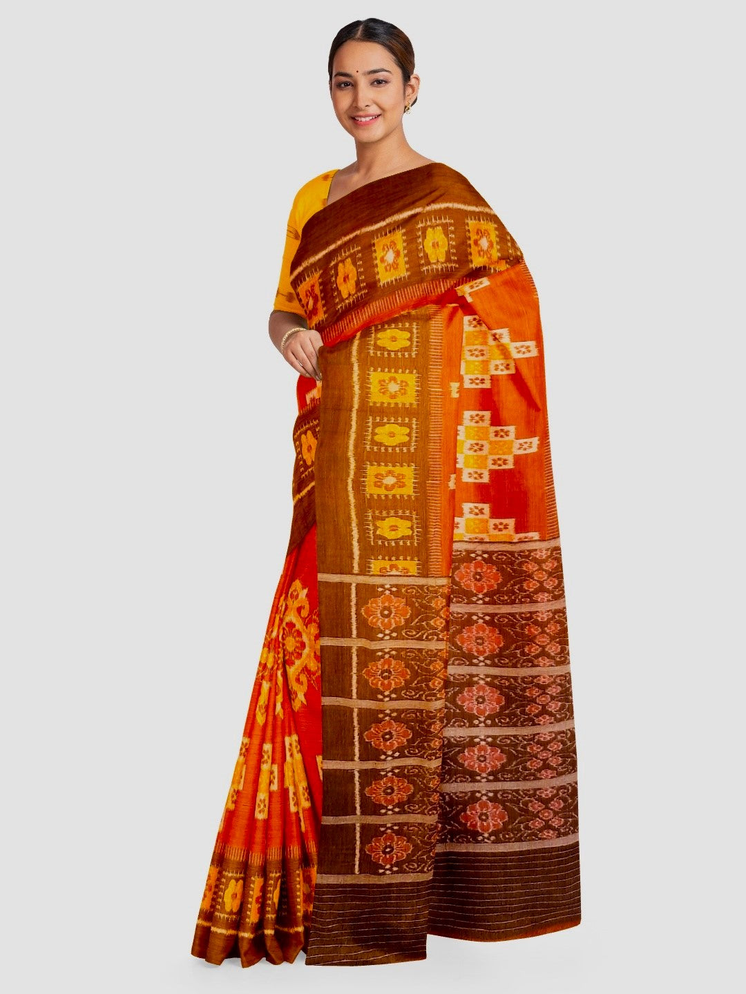 Rust with Brown colour Odisha Ikat saree  with cotton ikat blouse piece