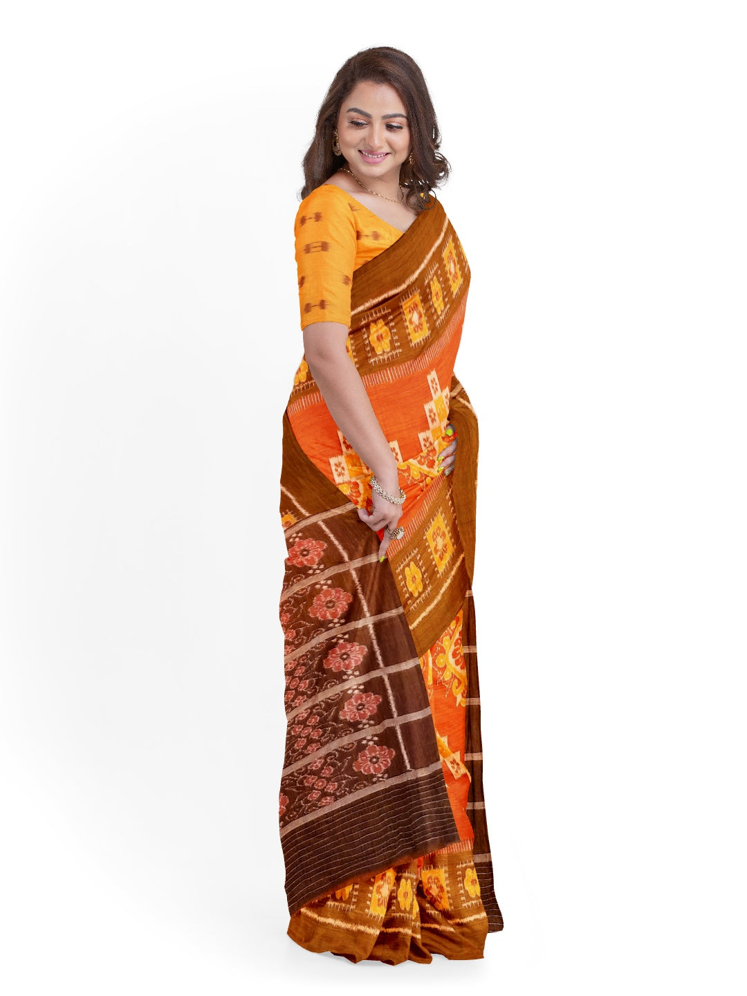Rust with Brown colour Odisha Ikat saree  with cotton ikat blouse piece