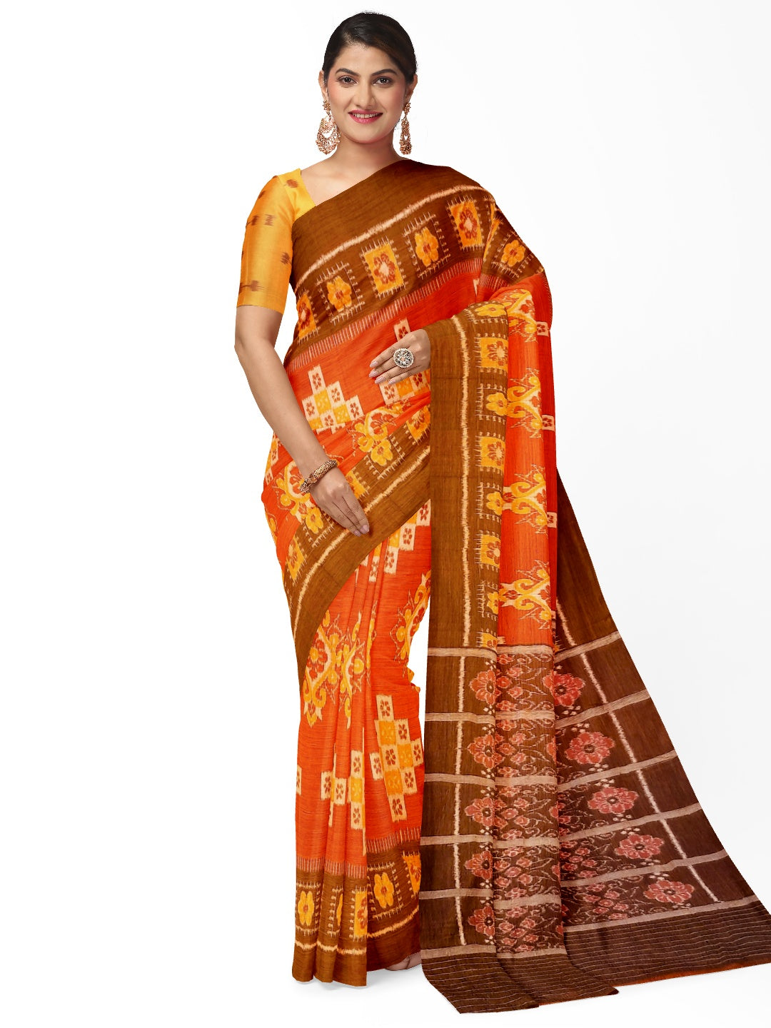 Rust with Brown colour Odisha Ikat saree  with cotton ikat blouse piece