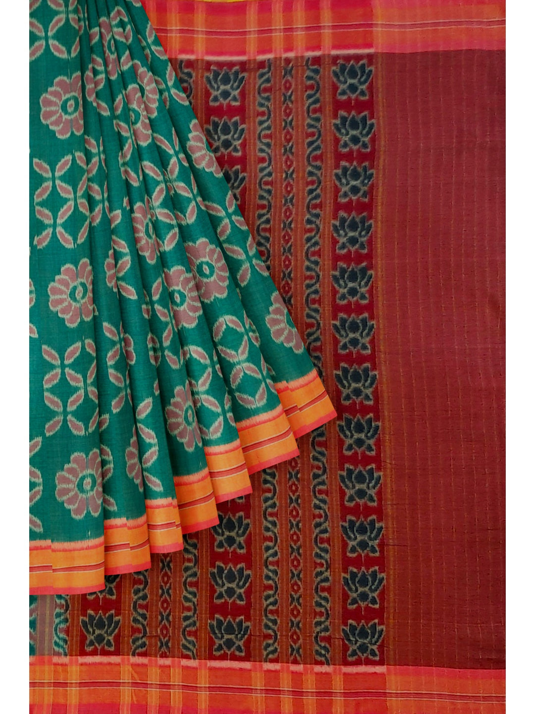 Green with Pink Cotton Odisha Ikat saree  with mix match cotton ikat blouse