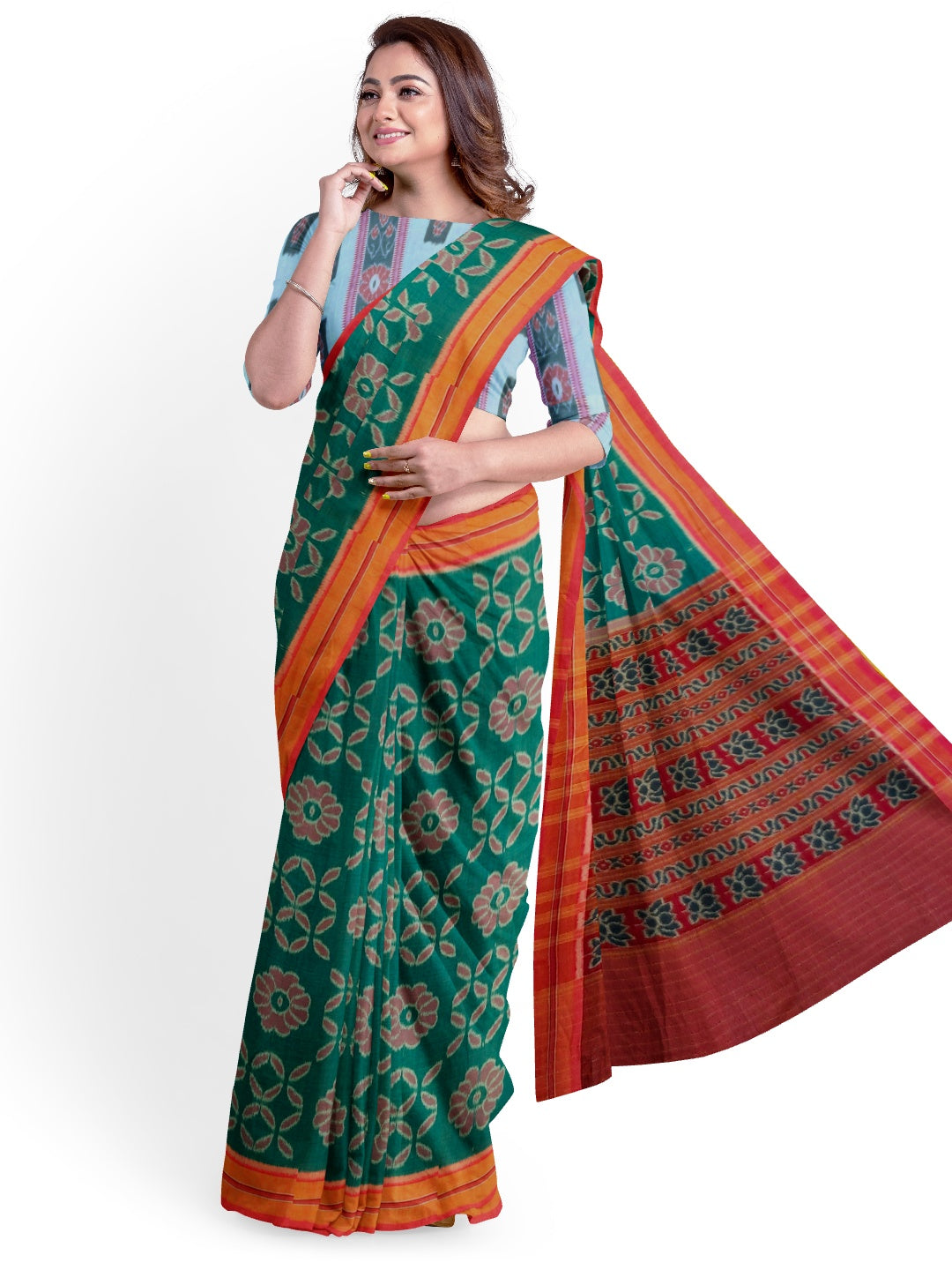 Green with Pink Cotton Odisha Ikat saree  with mix match cotton ikat blouse