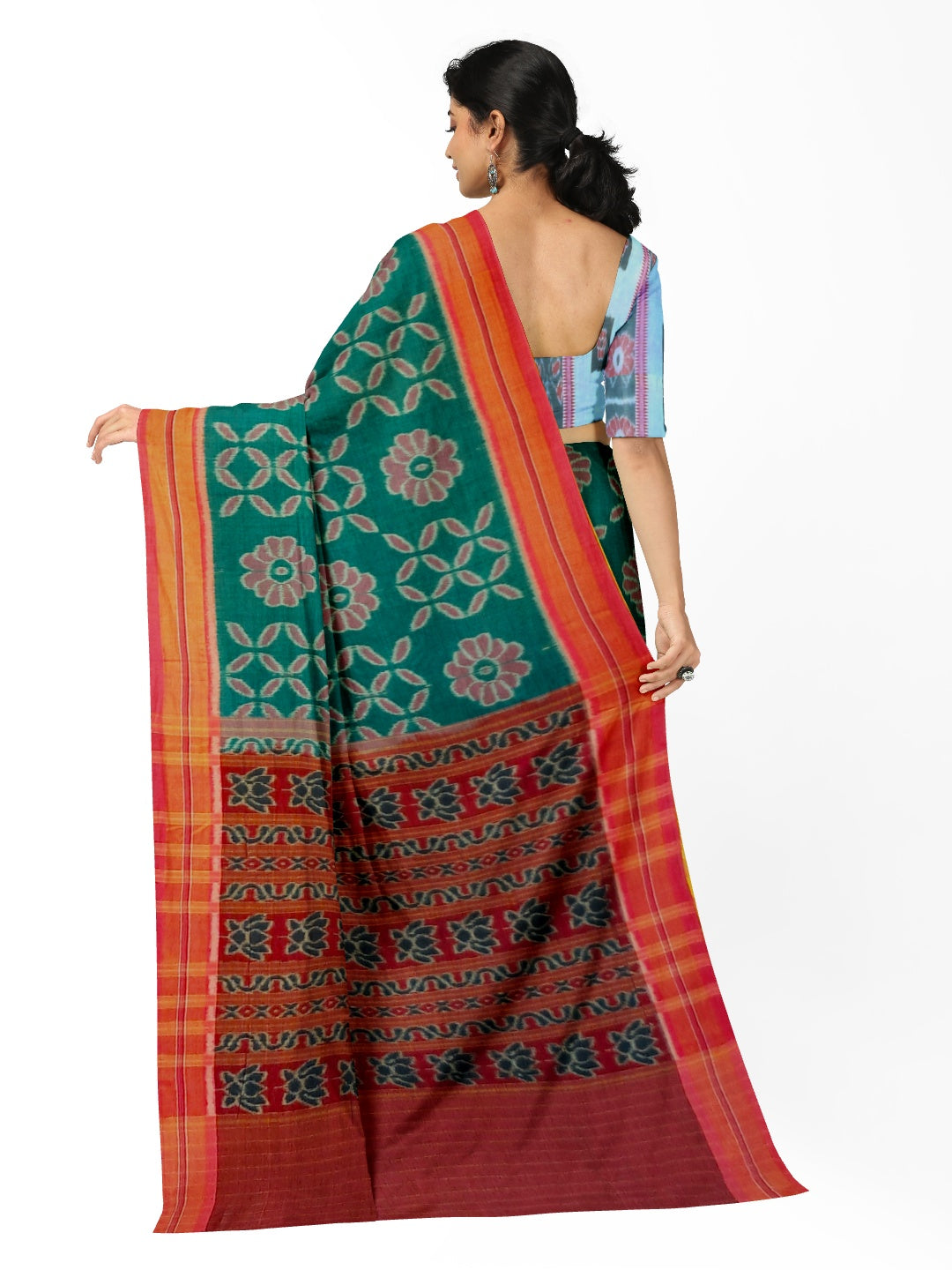 Green with Pink Cotton Odisha Ikat saree  with mix match cotton ikat blouse