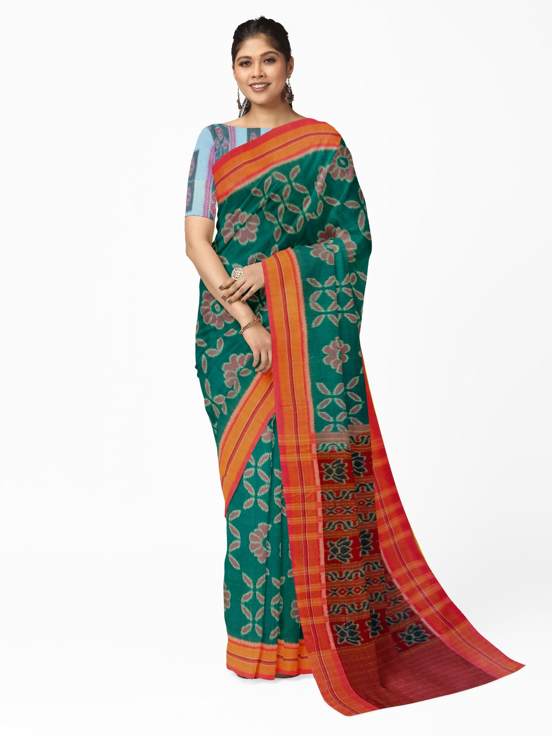 Green with Pink Cotton Odisha Ikat saree  with mix match cotton ikat blouse