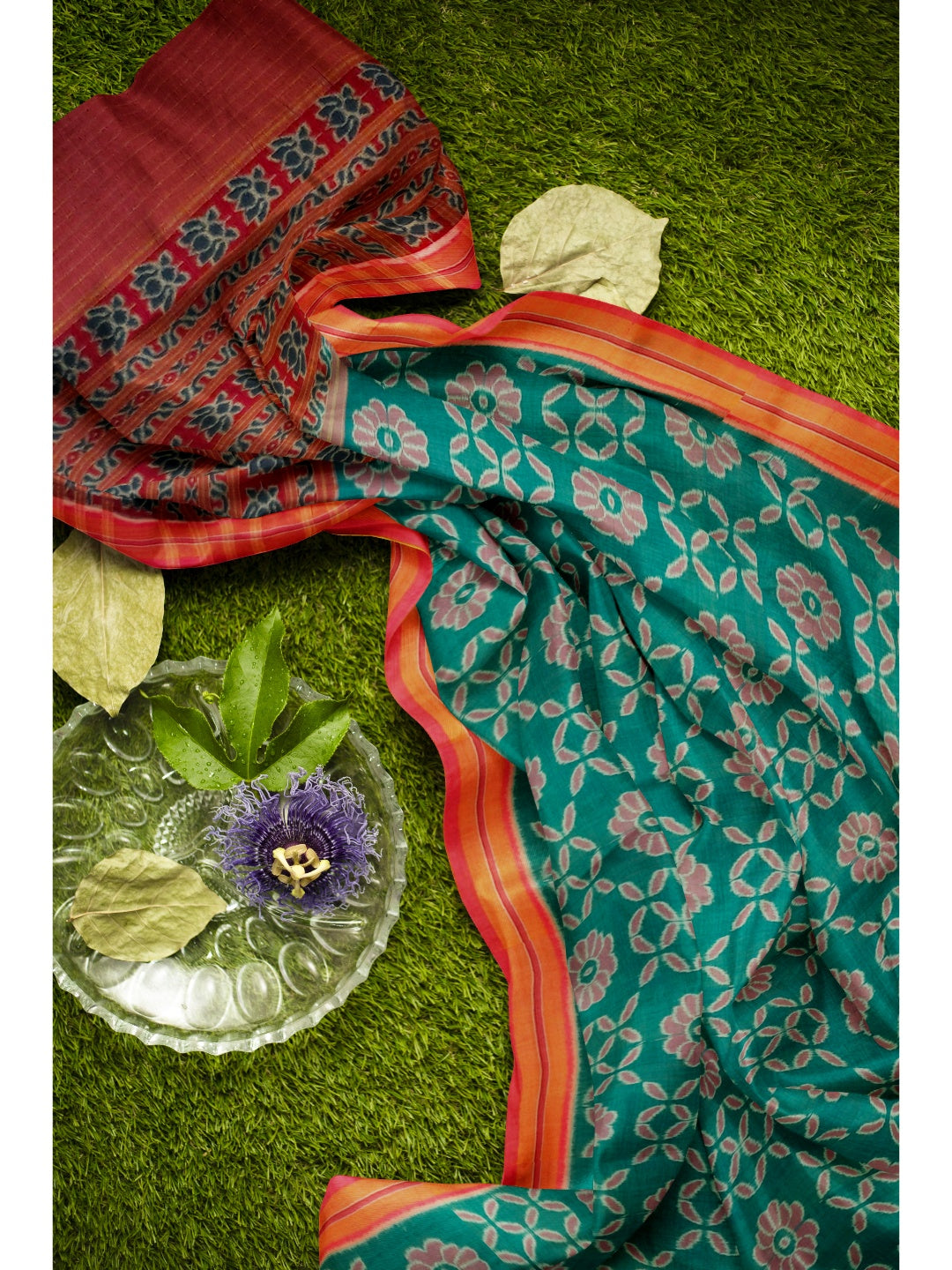 Green with Pink Cotton Odisha Ikat saree  with mix match cotton ikat blouse