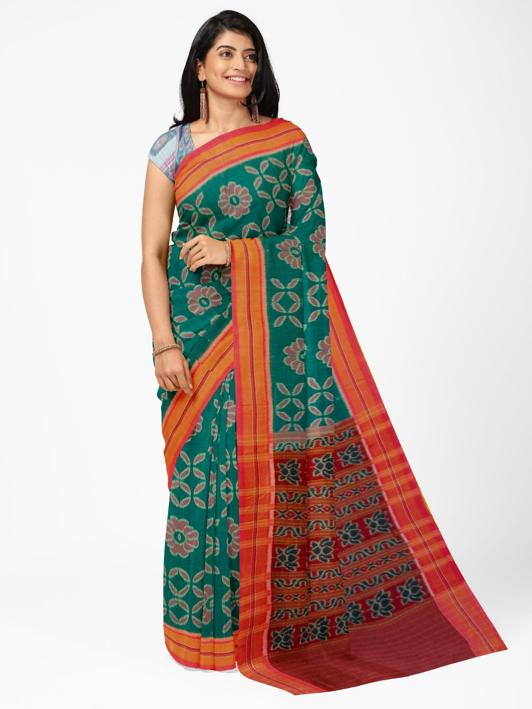 Green with Pink Cotton Odisha Ikat saree  with mix match cotton ikat blouse
