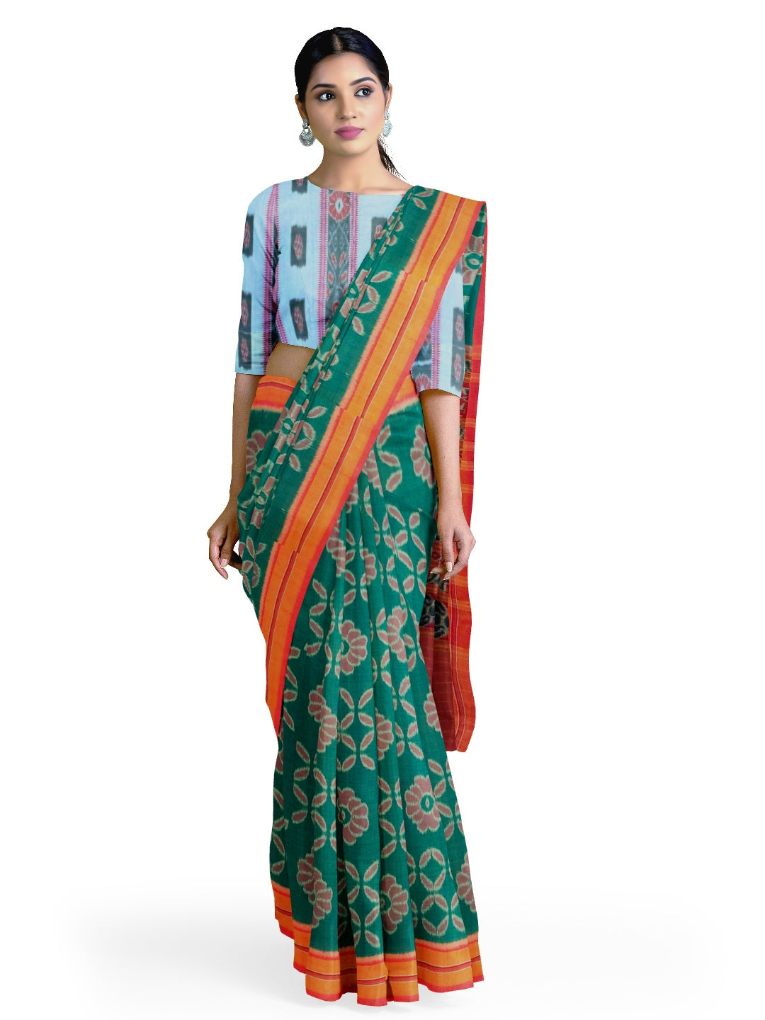 Green with Pink Cotton Odisha Ikat saree  with mix match cotton ikat blouse