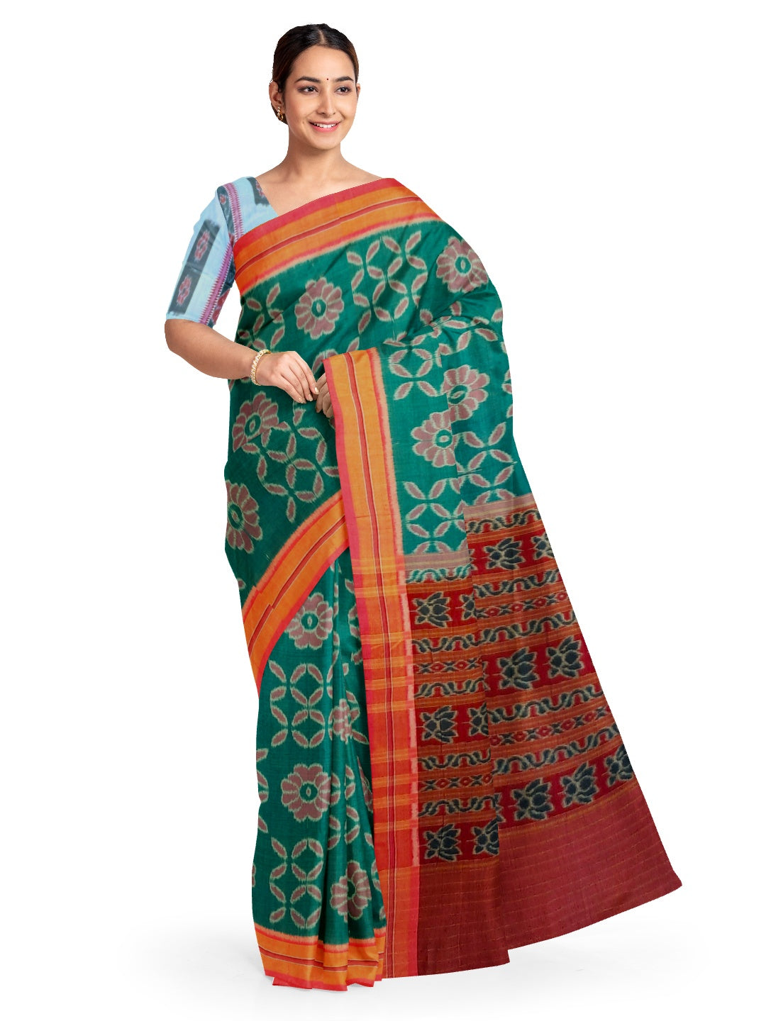 Green with Pink Cotton Odisha Ikat saree  with mix match cotton ikat blouse