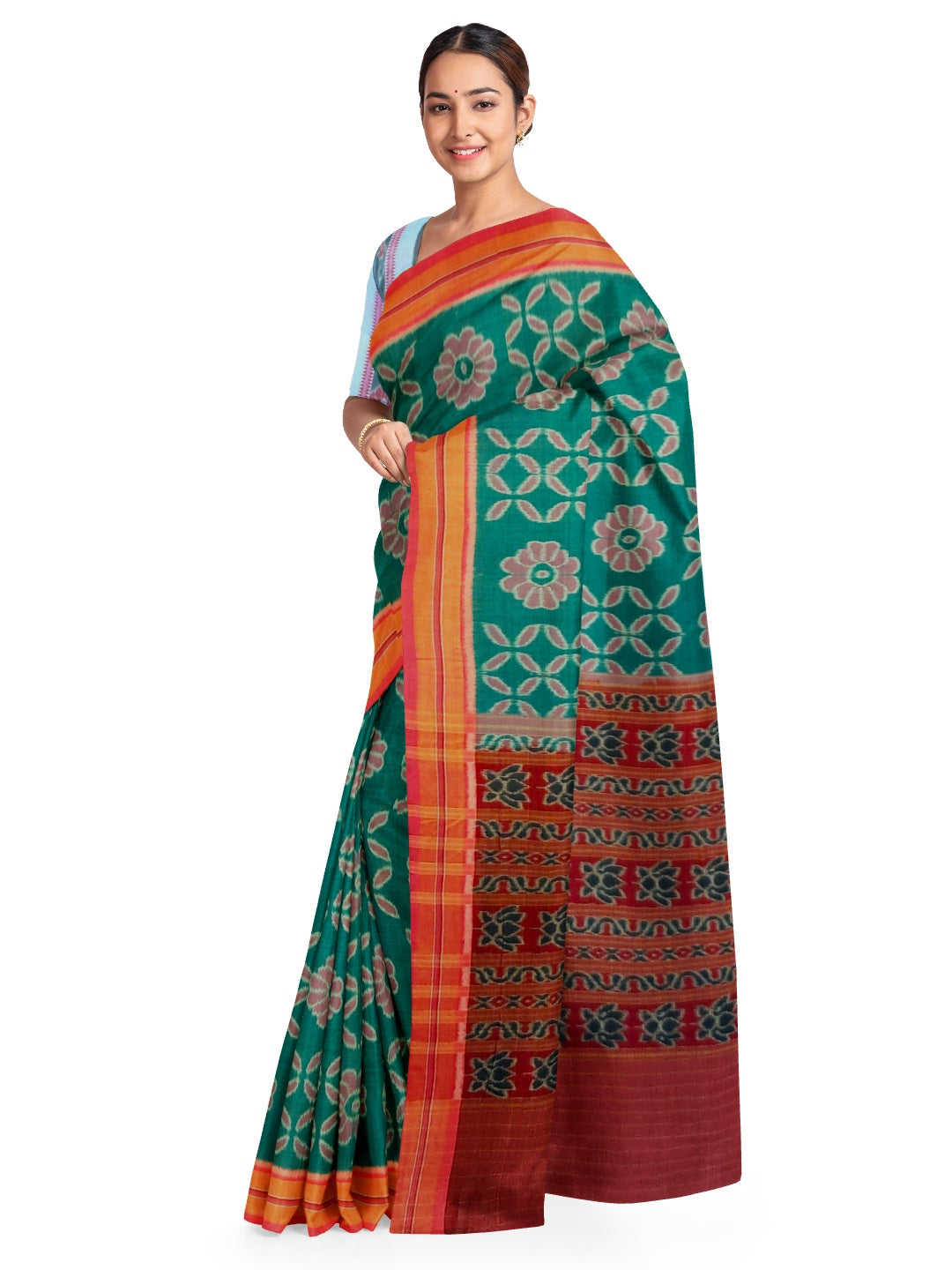 Green with Pink Cotton Odisha Ikat saree  with mix match cotton ikat blouse
