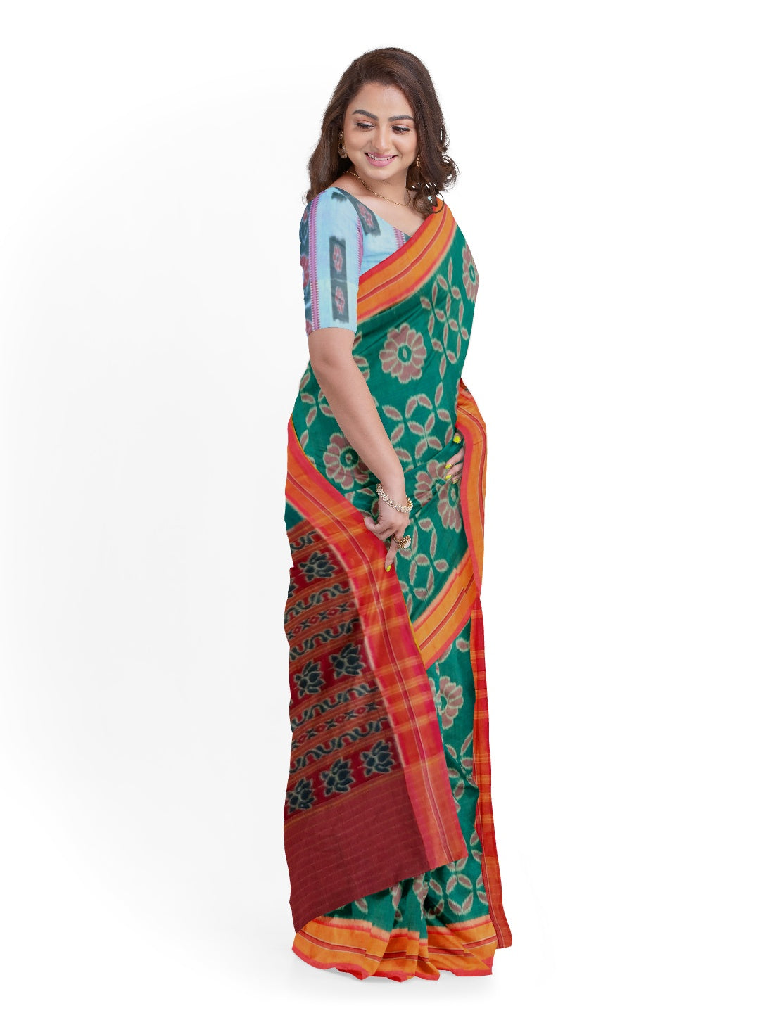 Green with Pink Cotton Odisha Ikat saree  with mix match cotton ikat blouse