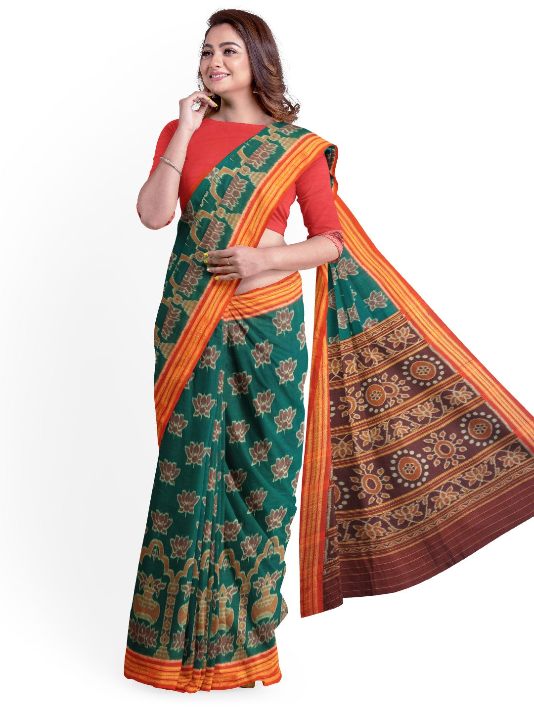 Green Odisha Ikat saree  with cotton ikat blouse piece