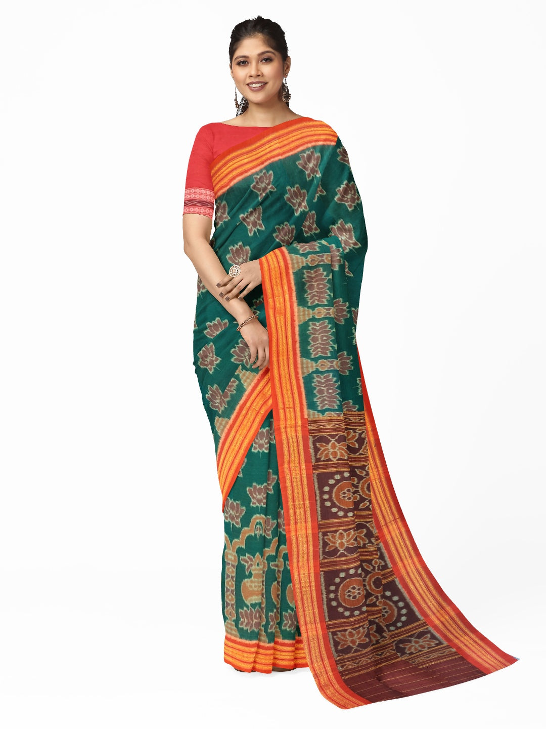 Green Odisha Ikat saree  with cotton ikat blouse piece