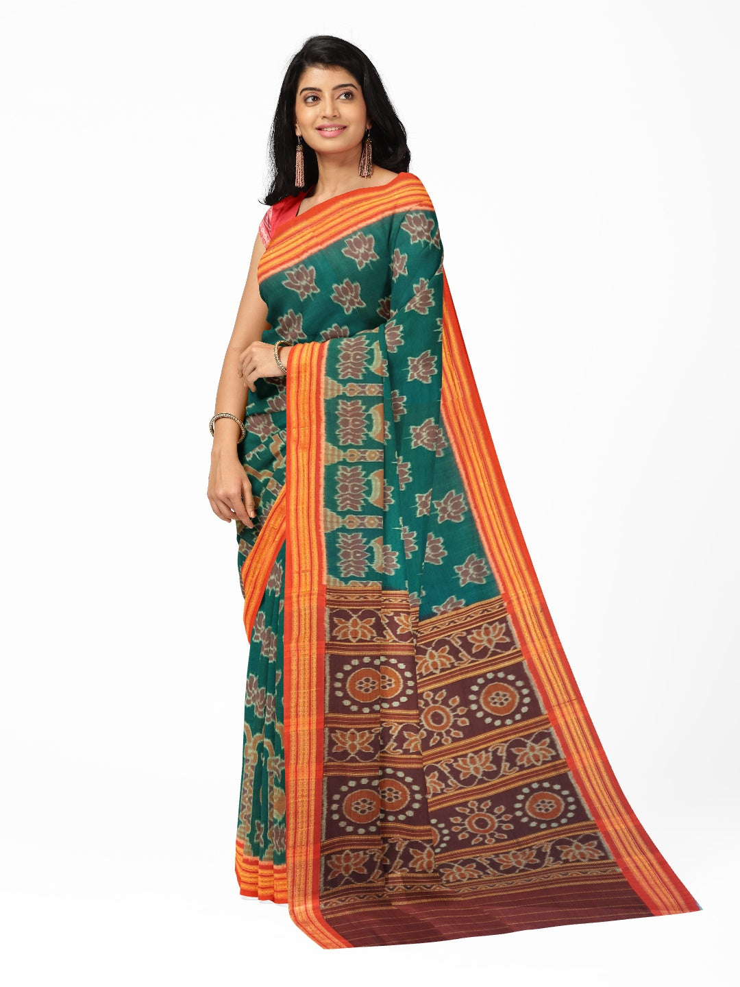 Green Odisha Ikat saree  with cotton ikat blouse piece