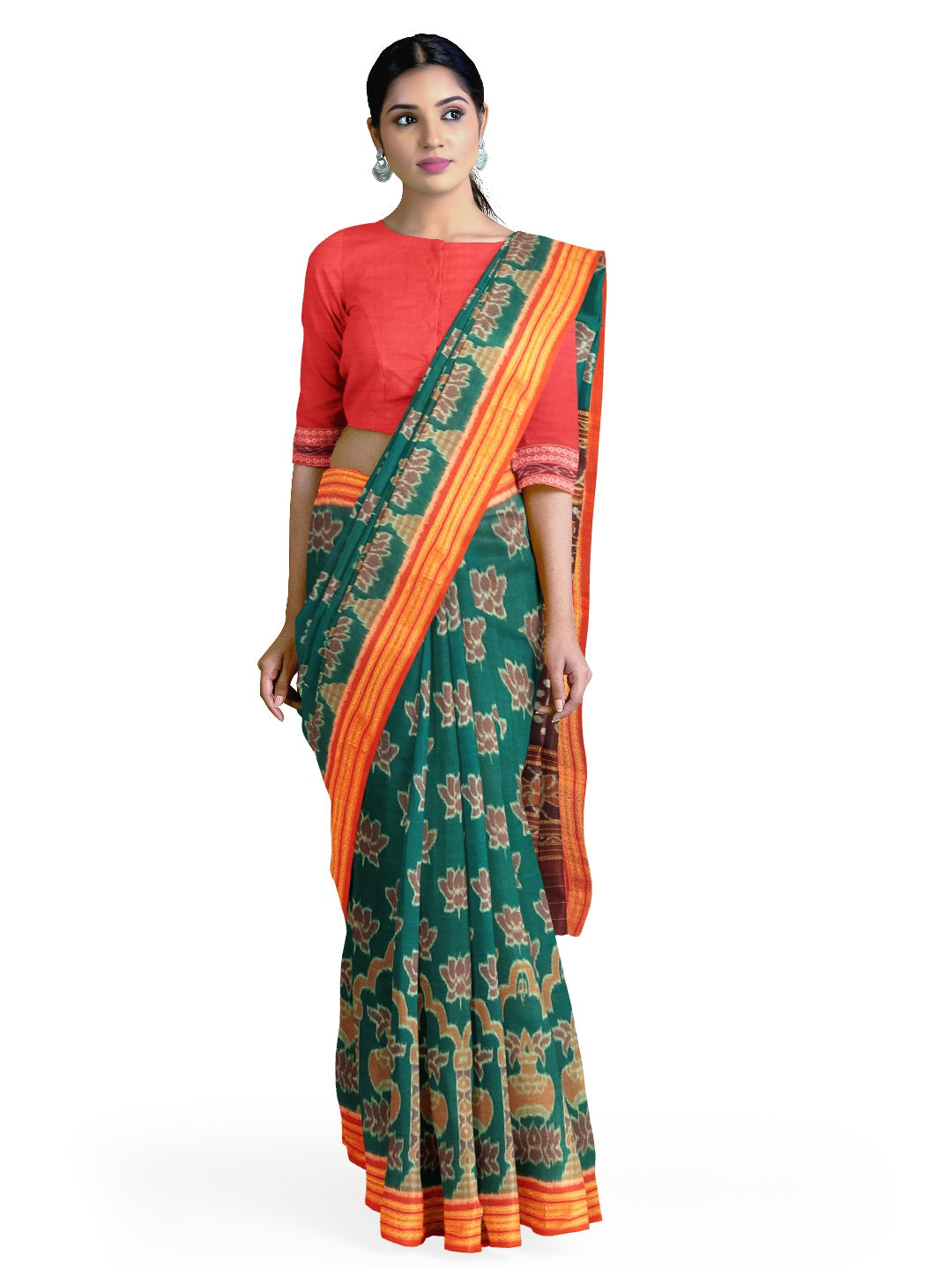 Green Odisha Ikat saree  with cotton ikat blouse piece