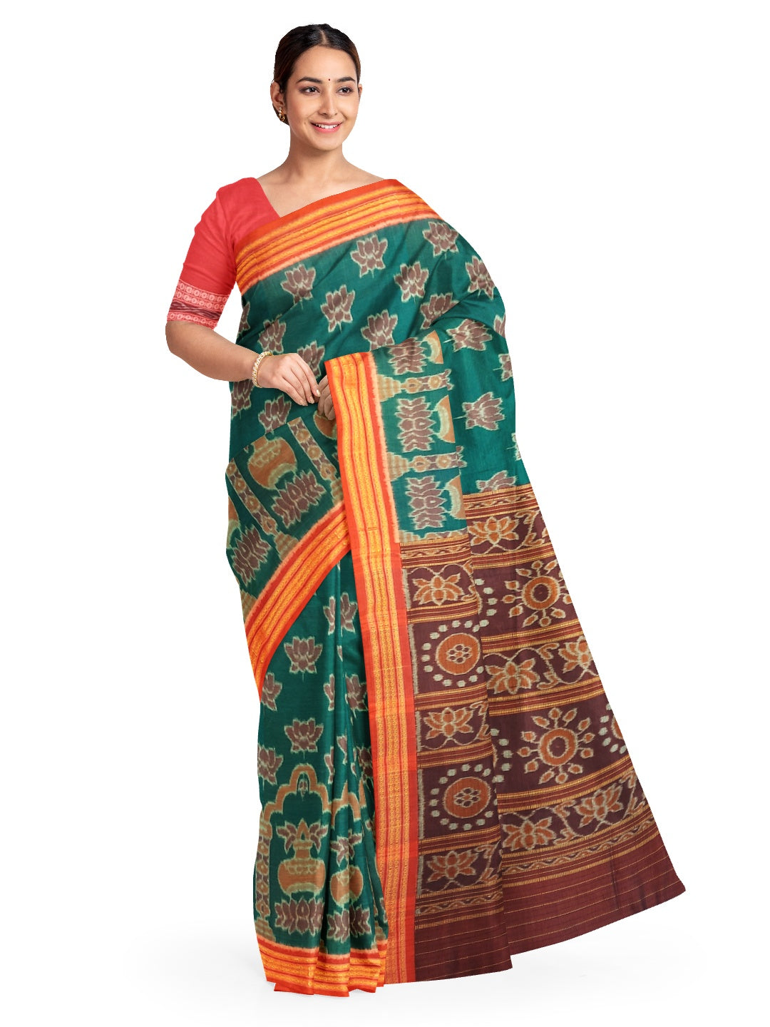 Green Odisha Ikat saree  with cotton ikat blouse piece