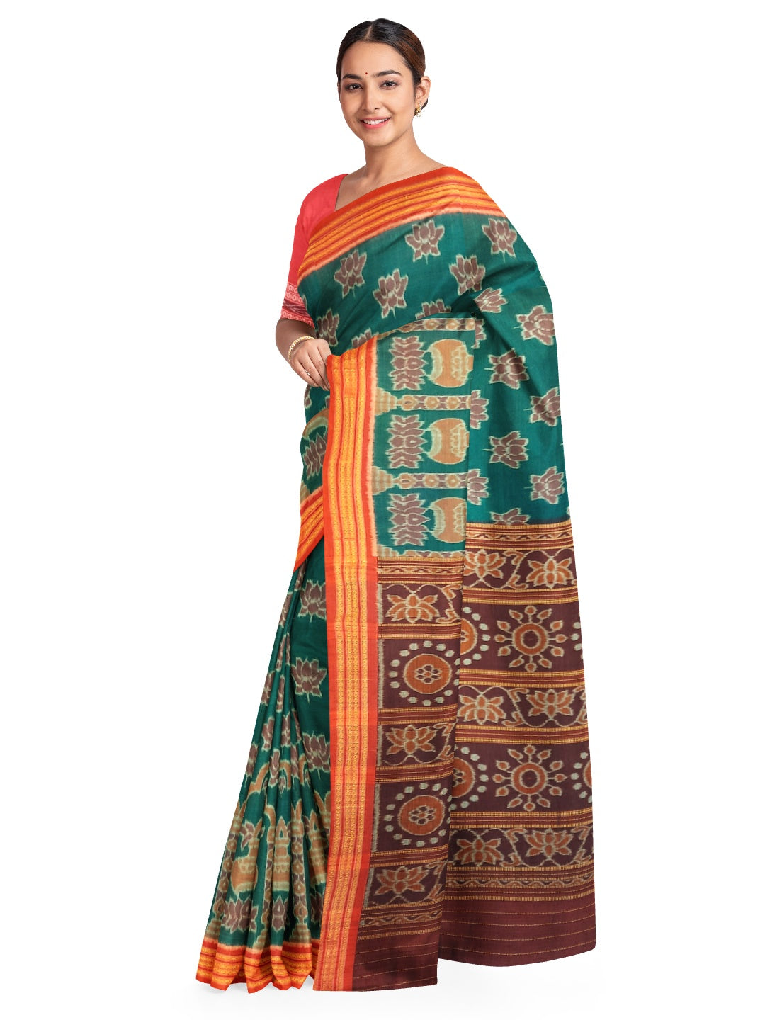 Green Odisha Ikat saree  with cotton ikat blouse piece