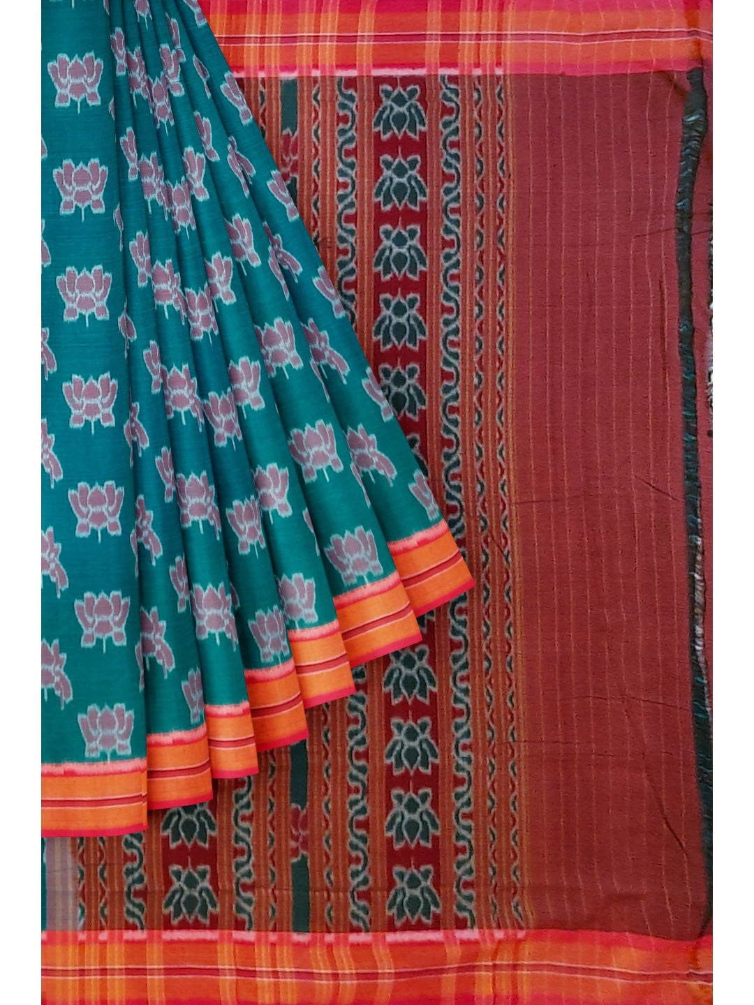 Green with Pink Cotton Odisha Ikat saree  with mix match cotton ikat blouse