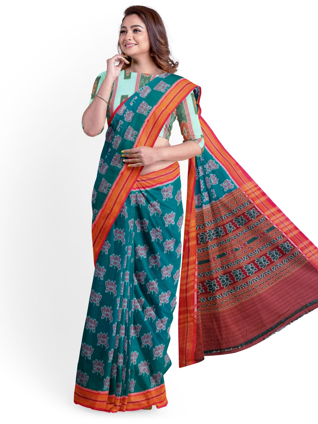 Green with Pink Cotton Odisha Ikat saree  with mix match cotton ikat blouse