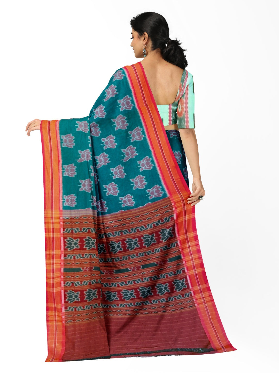 Green with Pink Cotton Odisha Ikat saree  with mix match cotton ikat blouse