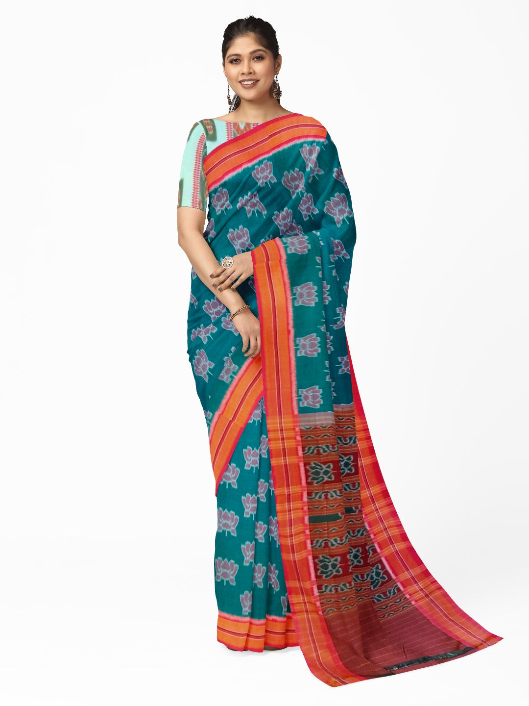 Green with Pink Cotton Odisha Ikat saree  with mix match cotton ikat blouse