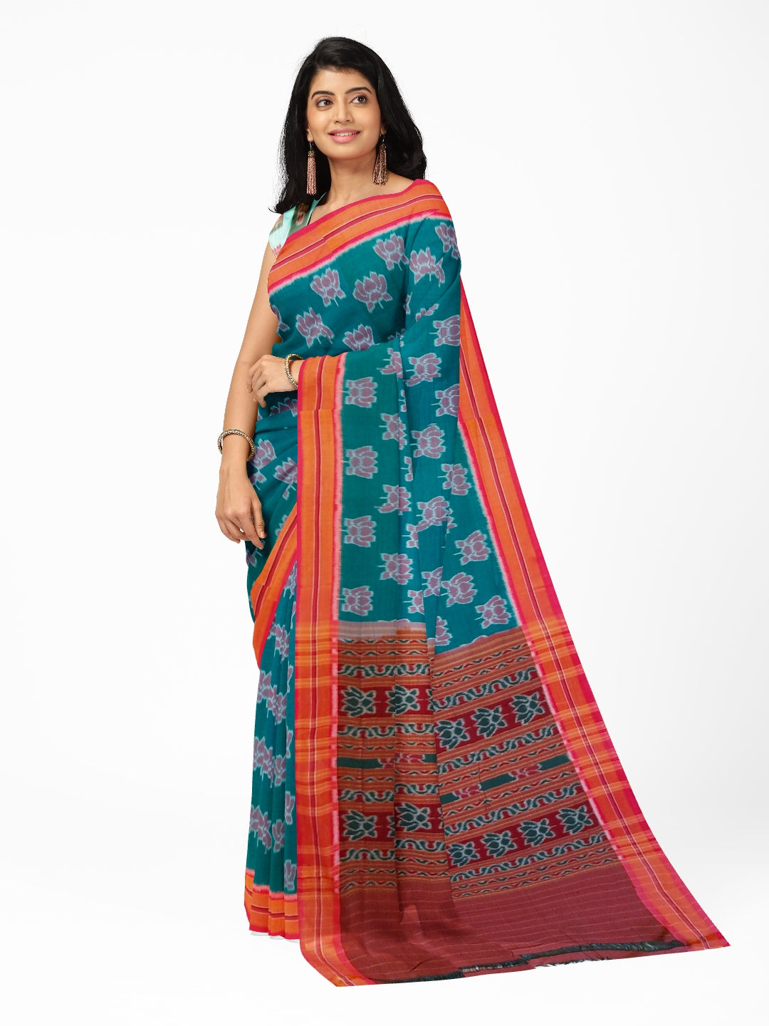 Green with Pink Cotton Odisha Ikat saree  with mix match cotton ikat blouse