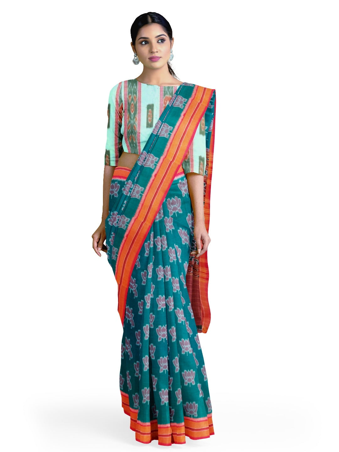 Green with Pink Cotton Odisha Ikat saree  with mix match cotton ikat blouse