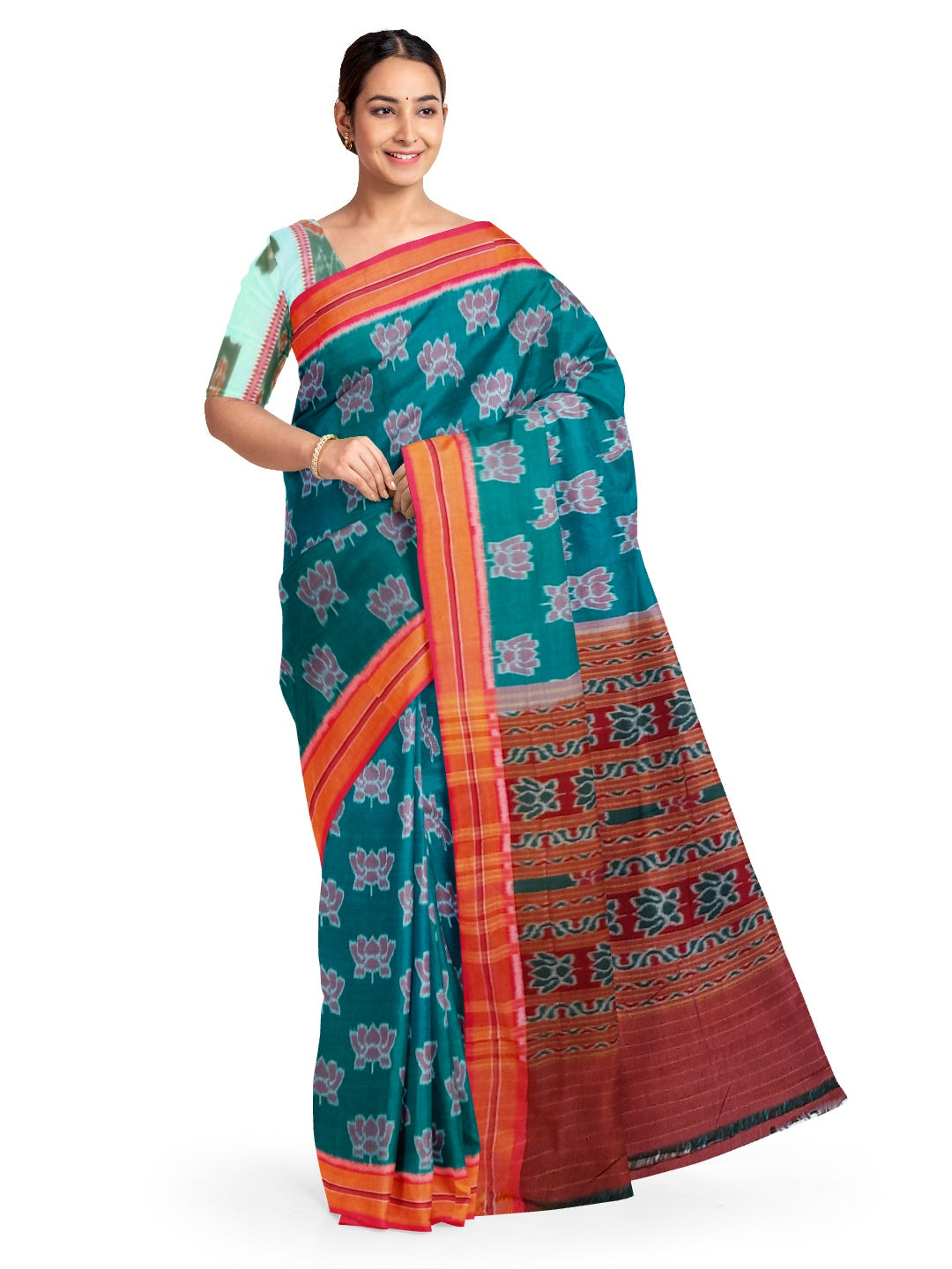Green with Pink Cotton Odisha Ikat saree  with mix match cotton ikat blouse