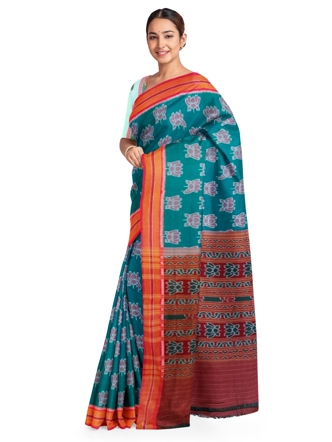 Green with Pink Cotton Odisha Ikat saree  with mix match cotton ikat blouse
