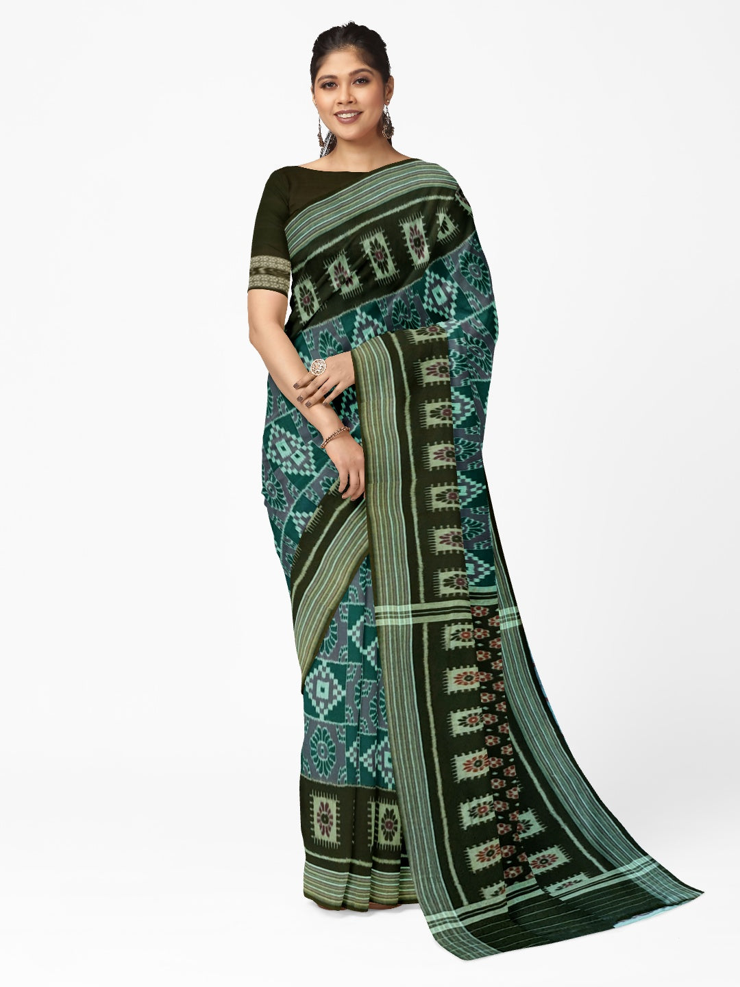 Green Odisha Ikat saree  with cotton ikat blouse piece