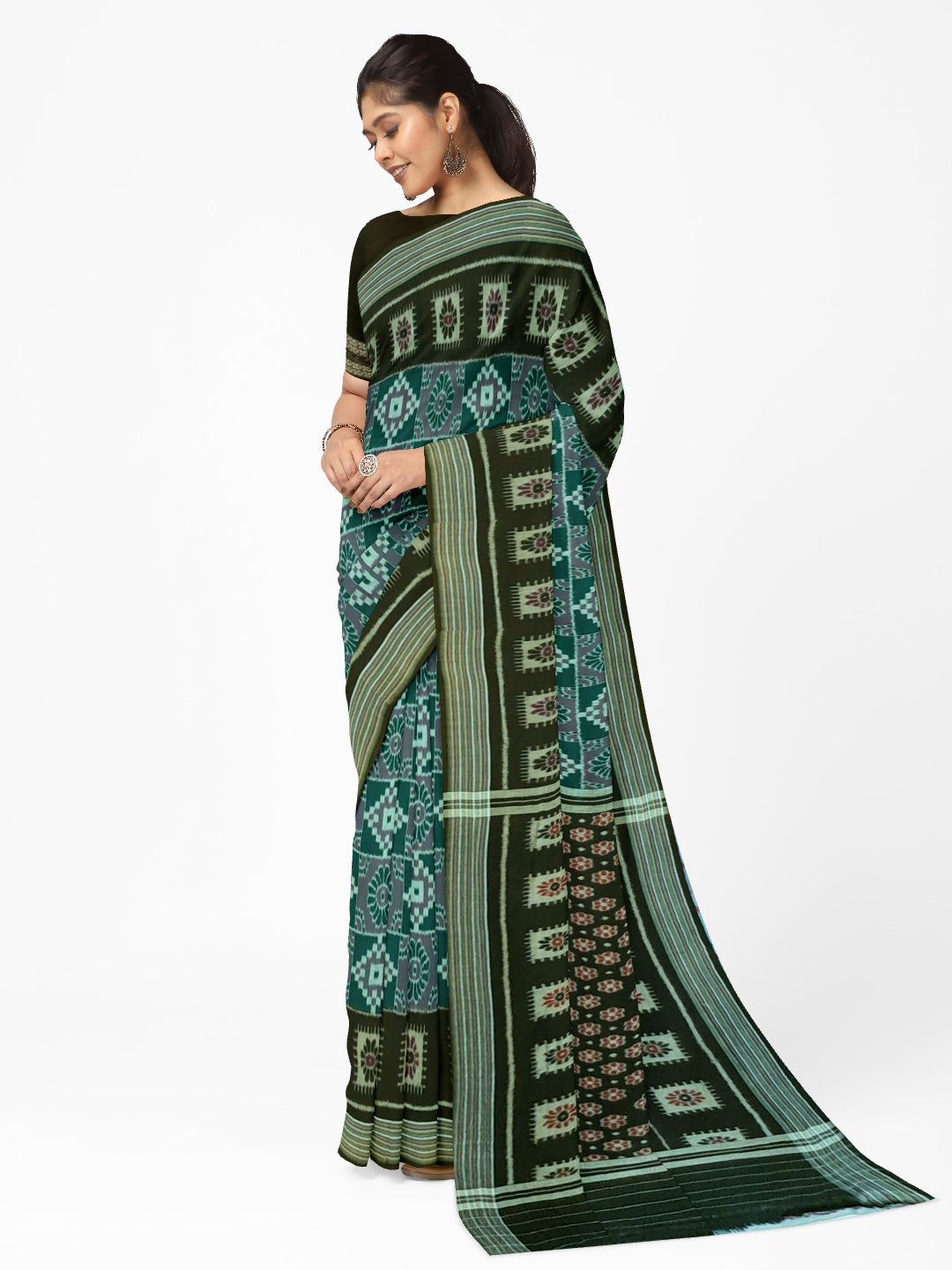 Green Odisha Ikat saree  with cotton ikat blouse piece