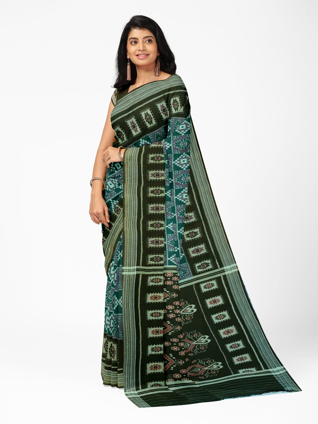 Green Odisha Ikat saree  with cotton ikat blouse piece