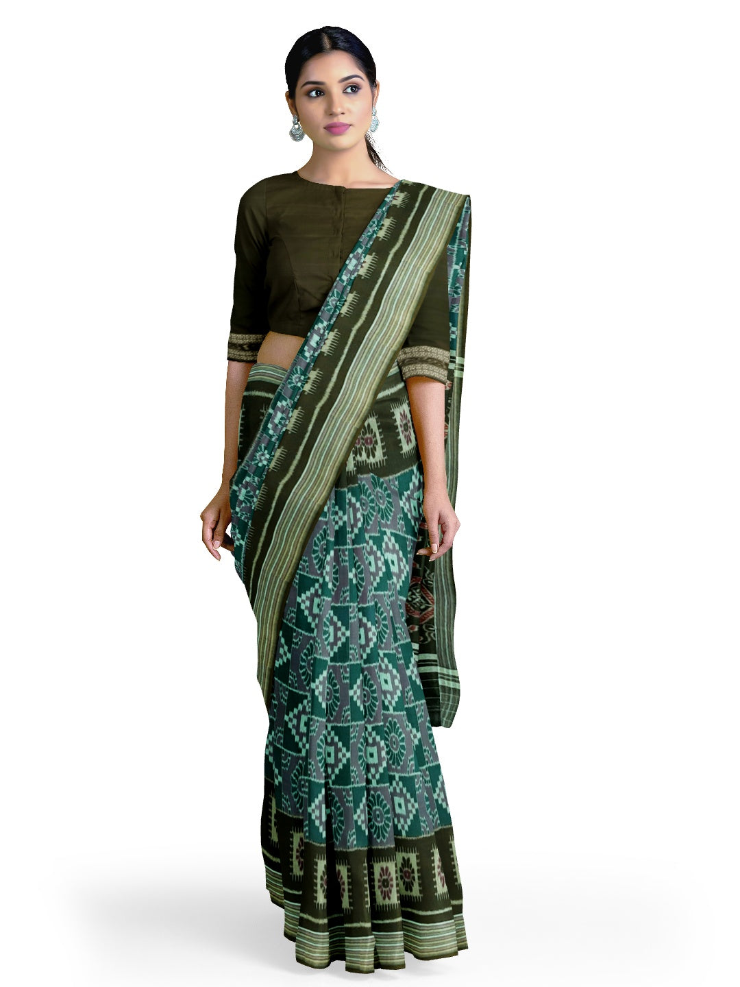 Green Odisha Ikat saree  with cotton ikat blouse piece
