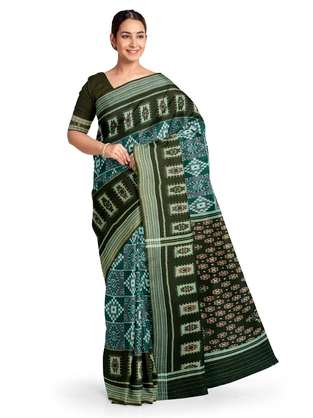 Green Odisha Ikat saree  with cotton ikat blouse piece